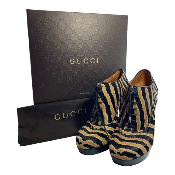Gucci Zebra Print Pony Hair Leather Sz 10 EU 40 Lace Up Platform Bootie Heels - Picture 1 of 16
